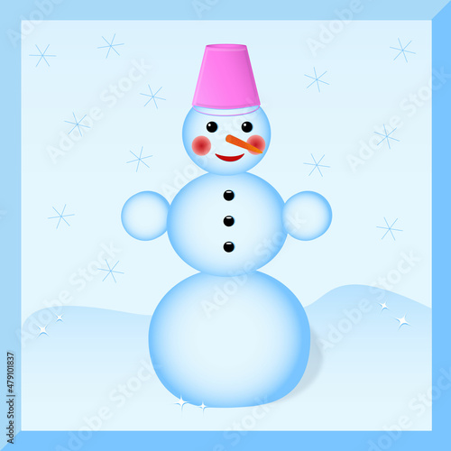 Positive snowman with a bucket on his head. © Antonina