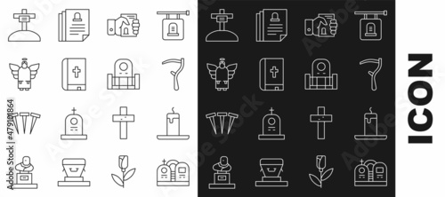 Set line Grave with tombstone, Burning candle, Scythe, Death certificate hand, Holy bible book, Christmas angel, cross and icon. Vector