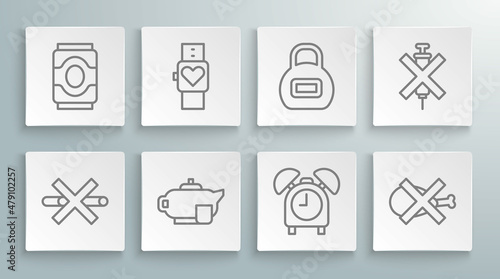 Set line No Smoking, Smart watch, Teapot with cup, Alarm clock, meat, Kettlebell, doping syringe and Soda can icon. Vector