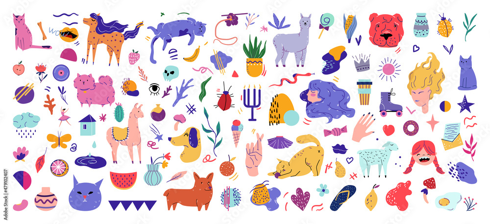 Collection of color funny illustrations in hand-drawn style. Doodle stickers.