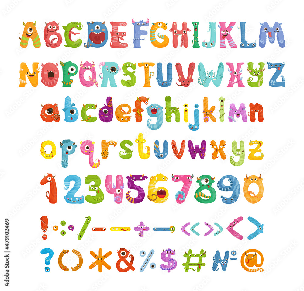 A collection of letters, numbers and punctuation marks in the form of funny cute monsters. Font with cartoon fantasy characters. A collection of letters, numbers and punctuation marks in the form of funny cute monsters. Font with cartoon fantasy characters.