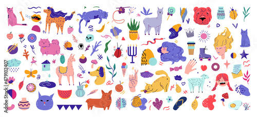 Collection of color funny illustrations in hand-drawn style. Doodle stickers. © Marina