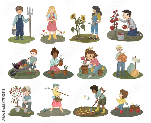 Collection of vector illustrations with children in the garden.