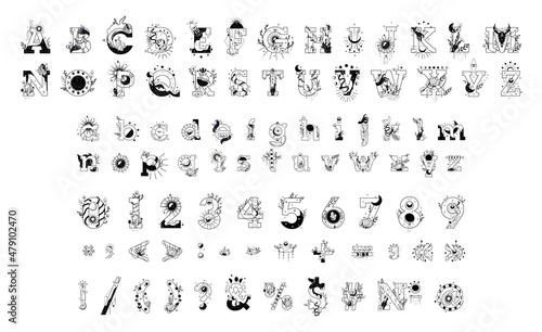 A collection of letters, numbers and punctuation marks in an esoteric style. Monochrome alphabet made of magical and esoteric symbols. Tattoo style font.