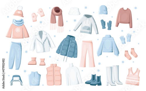 Collection of winter clothes in flat style. Modern illustrations.
