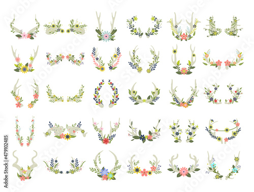Collection of horns decorated with flowers and branches. Horns of various animals in floral ornaments.