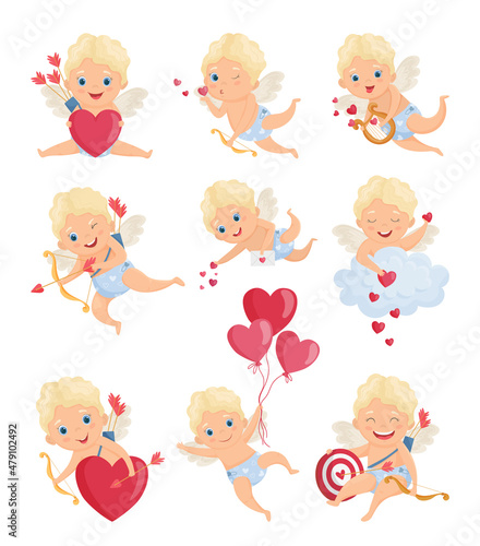 Set of illustrations with cute cartoon cupids. St. Valentine s Day.