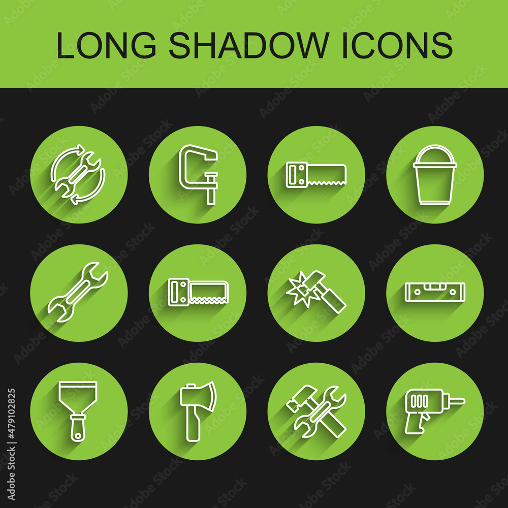 Set line Putty knife, Wooden axe, Wrench and arrows as workflow, Hammer wrench, Electric drill machine, Hand saw, Construction bubble level and icon. Vector Set line Putty knife, Wooden axe, Wrench and arrows as workflow, Hammer wrench, Electric drill machine, Hand saw, Construction bubble level and icon. Vector
