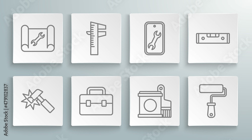 Set line Hammer, Calliper or caliper and scale, Toolbox, Paint bucket brush, roller, Mobile service, Construction bubble level and Graphing paper wrench icon. Vector