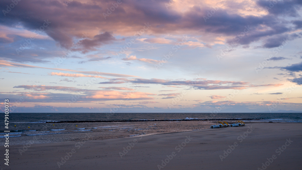 The panoramic view of the beach of the city of Agde in Europe, France, Occitanie, Herault, in summer, on a sunny day.