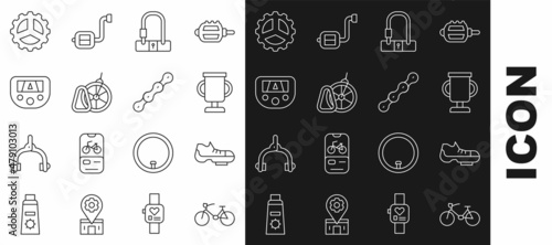 Set line Bicycle, shoes, Award cup with bicycle, lock, parking, Gps device map, sprocket crank and chain icon. Vector