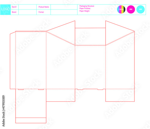 Die-Cut Template Box Package Design, 3D Box Package Dieline, Factory Ready Hang Tab Paper Box Outline with Standing Feet, Packaging Box Template, Editable Tech Pack Vector for Production, Hang Box SVG photo