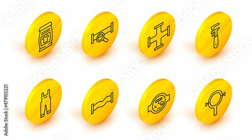 Set line Filter wrench, Water meter, Industry metallic pipe, Work overalls, Pipe adjustable, and Laundry detergent icon. Vector