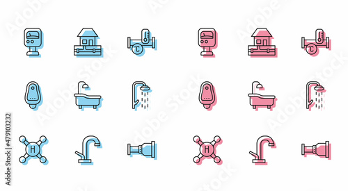 Set line Water tap, Pressure water meter, Pipe adapter, Bathtub, Shower, Toilet urinal or pissoir and supply pipes icon. Vector