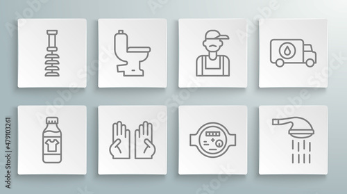 Set line Bottle for cleaning agent, Toilet bowl, Rubber gloves, Water meter, Shower, Plumber, service car and brush icon. Vector