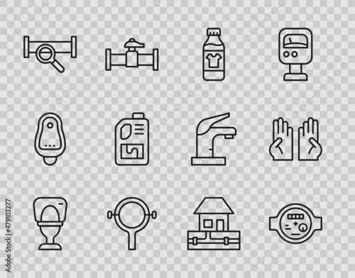 Set line Toilet bowl, Water meter, Bottle for cleaning agent, Filter wrench, Industry metallic pipe, Drain cleaner bottle, supply pipes and Rubber gloves icon. Vector