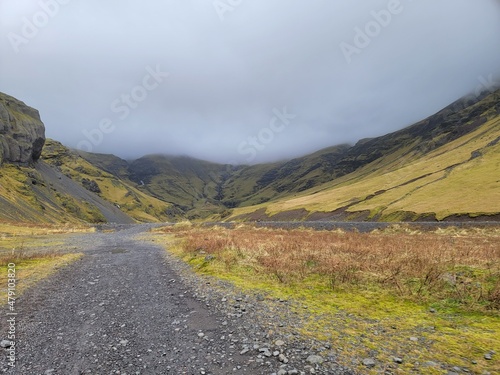 road in the mountains autumn in the mountains road fall cloud sky empty parked park driving drive break highway freeway iceland stop 
