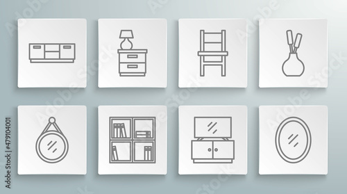 Set line Mirror, Furniture nightstand with lamp, Shelf books, TV table, Chair, Vase and icon. Vector