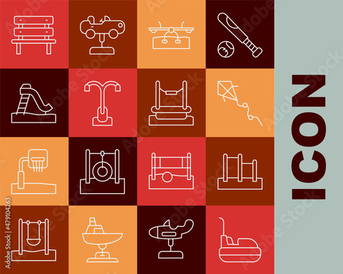 Set line Bumper car, Horizontal bar, Kite, Seesaw, Street light, Kid slide, Bench and Bungee icon. Vector