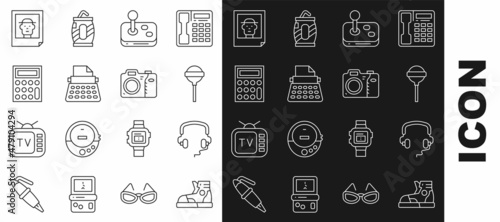 Set line Sport sneakers, Headphones, Lollipop, Joystick, Retro typewriter, Calculator, Photo and camera icon. Vector