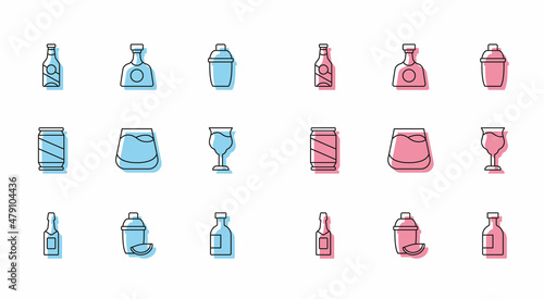 Set line Champagne bottle, Cocktail shaker with lime, Beer, Glass of vodka, whiskey, Wine glass, can and Tequila icon. Vector