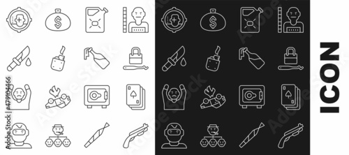Set line Police shotgun, Playing cards, Lock picks for lock picking, Canister fuel, Lighter, Bloody knife, Headshot and Cocktail molotov icon. Vector