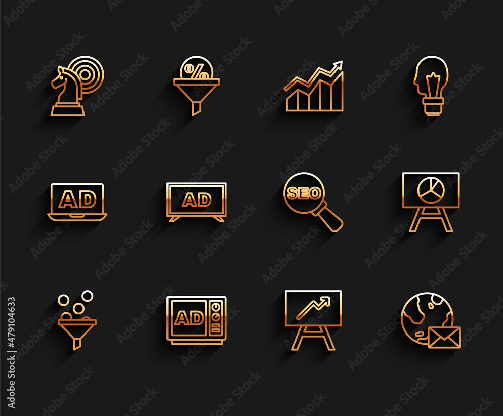 Set line Lead management, Advertising, Chess, Board with graph chart, Earth globe mail, and SEO optimization icon. Vector