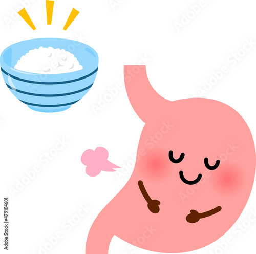 胃のキャラクターと少なめのご飯、腹八分目