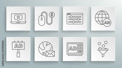 Set line Advertising, Earth globe with mail, Lead management, Browser setting, and Laptop star icon. Vector