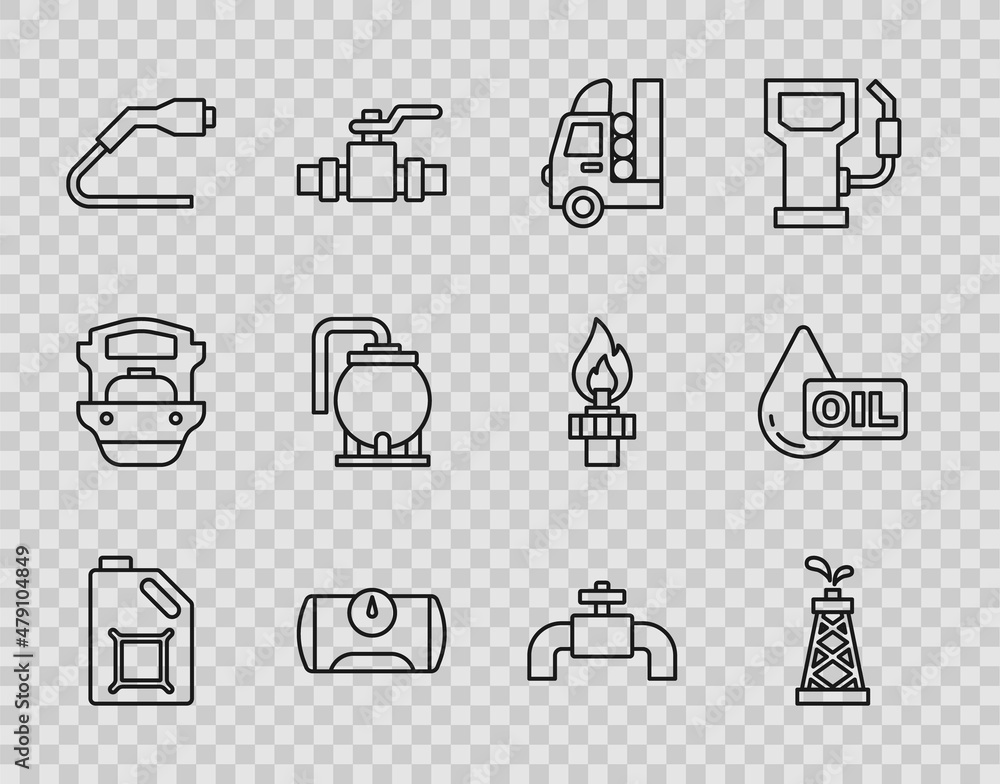 Set line Canister for motor oil, Oil rig, Gas tank vehicle, Electrical cable plug charging, storage, Metallic pipes and valve and drop icon. Vector Set line Canister for motor oil, Oil rig, Gas tank vehicle, Electrical cable plug charging, storage, Metallic pipes and valve and drop icon. Vector