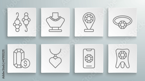 Set line Jewelry online shopping, Necklace mannequin, with heart shaped pendant, Tooth diamond, store, Diamond engagement ring and Earrings icon. Vector
