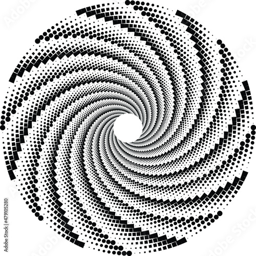  abstract black halftone dots.white halftone dots in vortex form. Geometric art. Trendy design element.Circular and radial lines volute, helix.Segmented circle with rotation 
