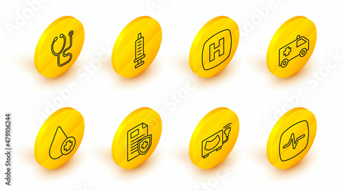 Set line Heart rate, Ultrasound, Patient record, Donate drop blood, Ambulance car, Hospital signboard, Syringe and Stethoscope icon. Vector