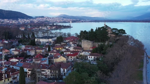 Aerial view of Ioannina city in Greece, Aslan Pasha Tzami, the lake with the island of Kyra Frosini or nissaki. photo