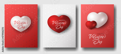 Valentine's Day greeting cards kit. Vector templates in red and white colors, realistic glossy hearts with letters on them, atlas ornate background. Best for polygraphy, print and web. 