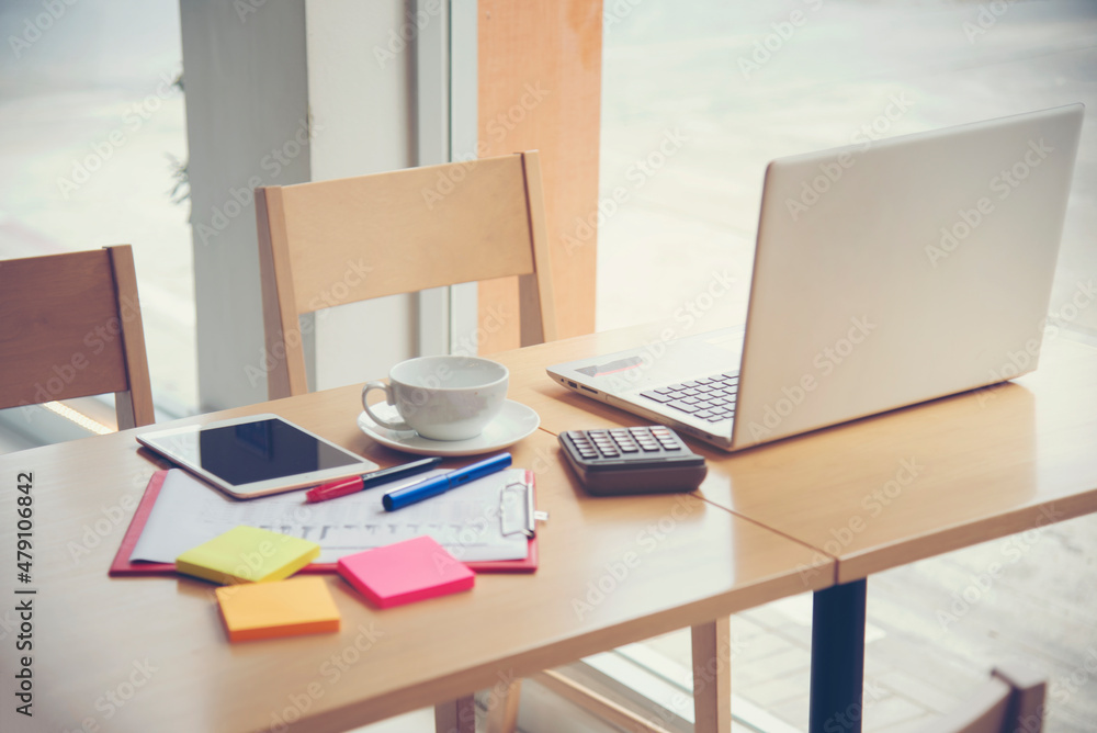 Workspace relaxing chill out work for office and design laptop smartphone with morning coffee