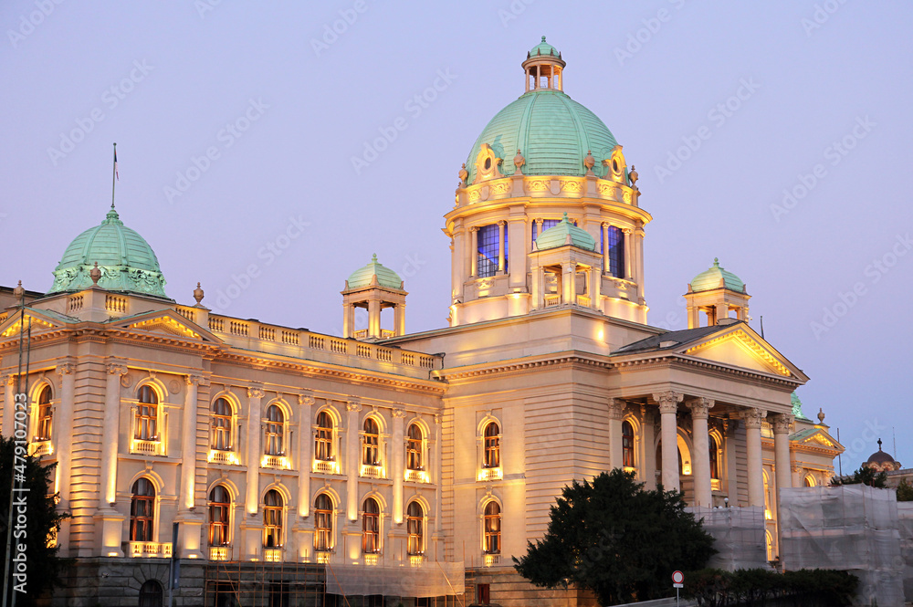Serbian Parliament Building at night in Belgrade, Serbia. Belgrade is largest cities of Southeastern Europe.