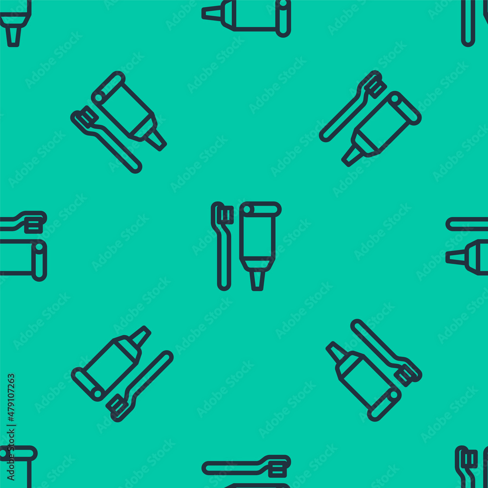 Blue line Toothbrush and tube of toothpaste icon isolated seamless pattern on green background. Disposable bathroom supplies. Vector