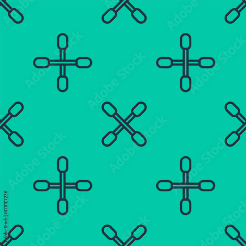 Blue line Cotton swab for ears icon isolated seamless pattern on green background. Vector