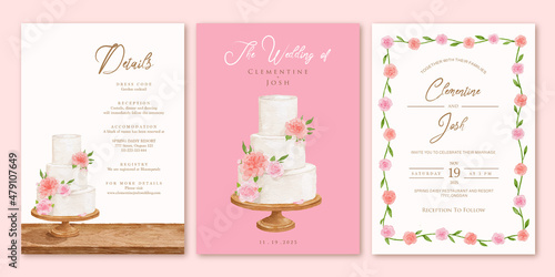 Set of wedding invitation with watercolor wedding cake background template