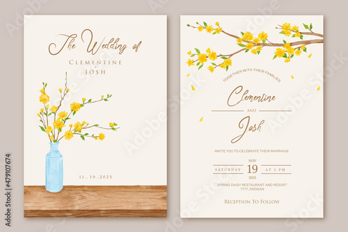 Set of wedding invitation with yellow flowers tree branches background