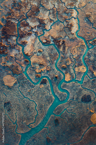 Aerial view of a river delta in the Pacific Northwest, USA