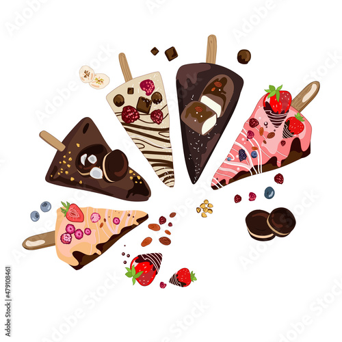 Top view cakes slices in glazed,cheese,chocolate blue berry,strawberries in chocolate raspberries,cakes on a stick,hand drawing a white background.Trend portioned sweets.Vector food illustration