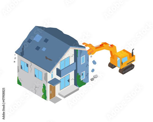 住宅解体のアイソメトリックイラスト