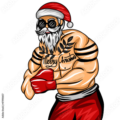 Santa gifting box. Digital painting muscular santa with christmas costum. christmas party