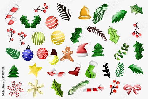 Set of watercolor christmas decoration ornament. christmas element design