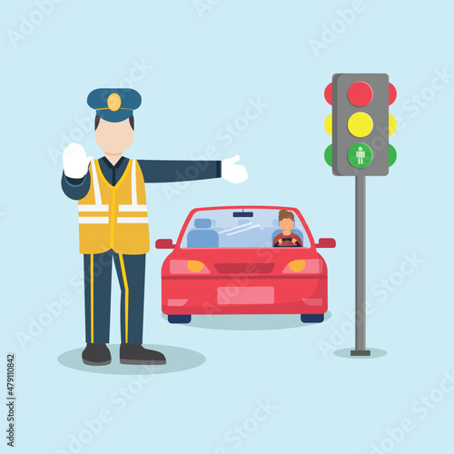 The Policeman doing stop by using right hand sign stop. Official Clothes. Vector colorful illustration.