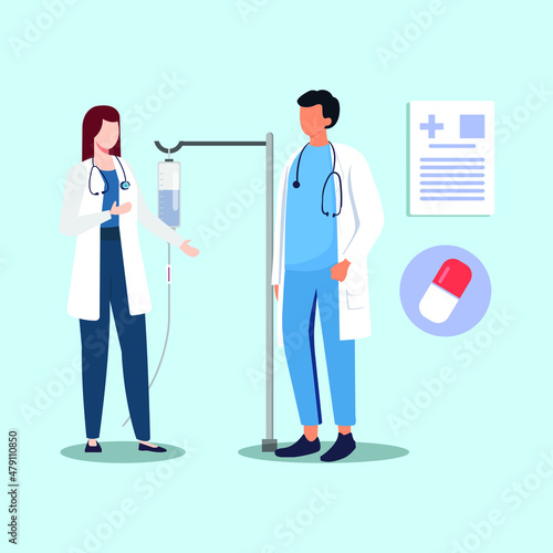 The Doctors are discussing about receipt and medicine  to patient. Uniform Official. Vector colorful illustration.