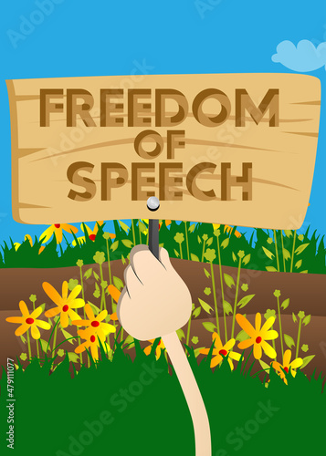 Hand holding banner with Freedom of Speech text. Man showing billboard. Free journalism, no Censorship concept.