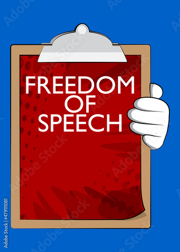 Hand holding banner with Freedom of Speech text. Man showing billboard. Free journalism, no Censorship concept.